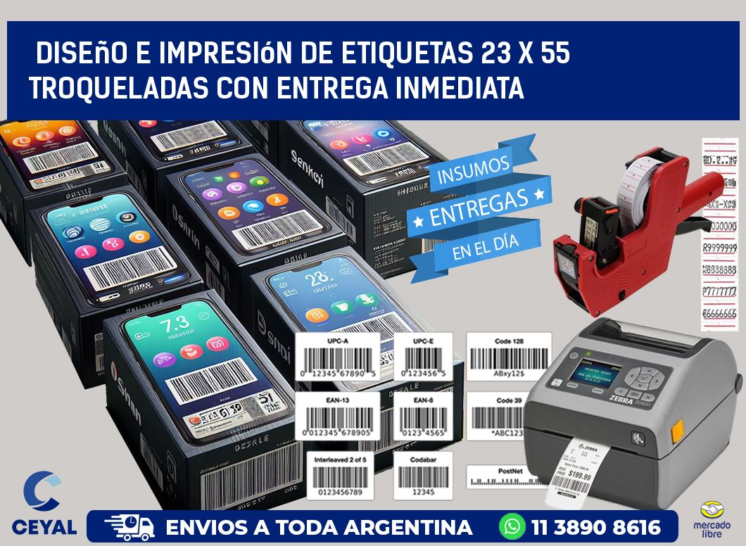 Diseño e impresión de etiquetas 23 x 55 troqueladas con entrega inmediata