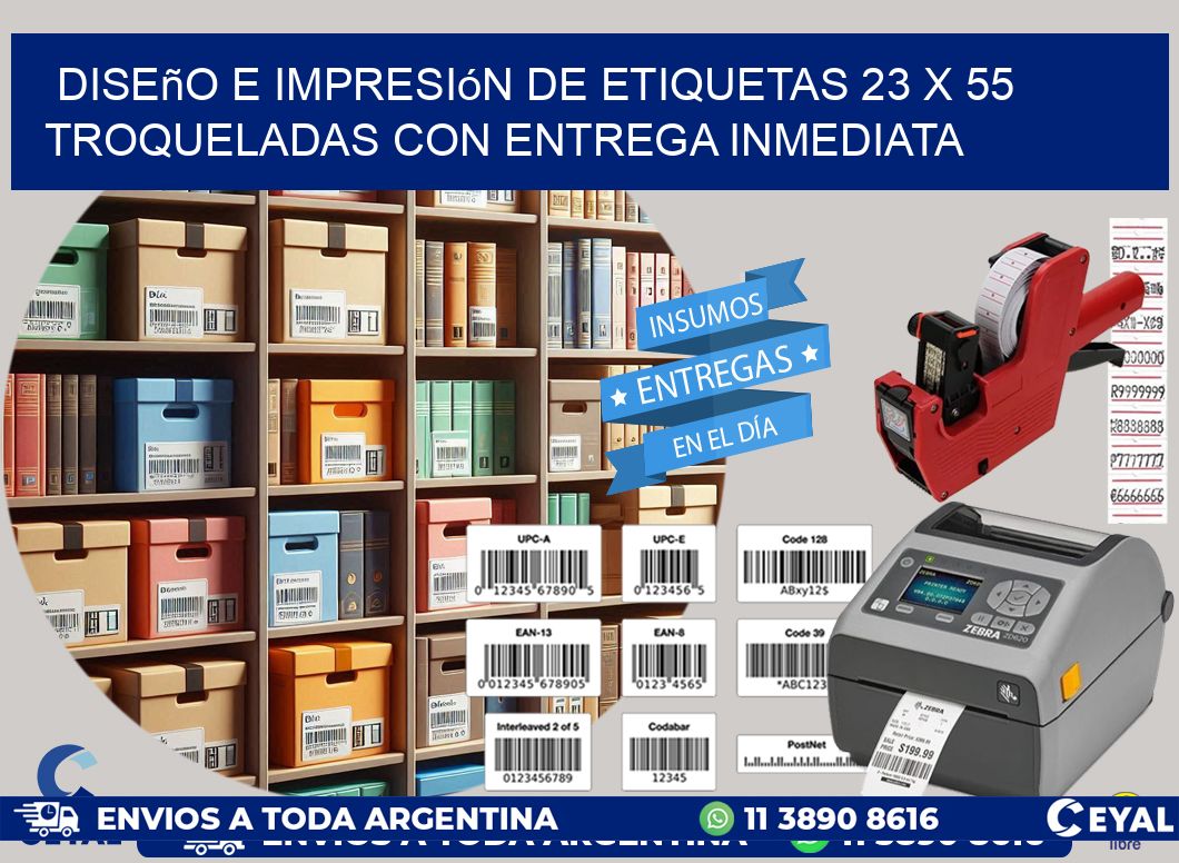 Diseño e impresión de etiquetas 23 x 55 troqueladas con entrega inmediata