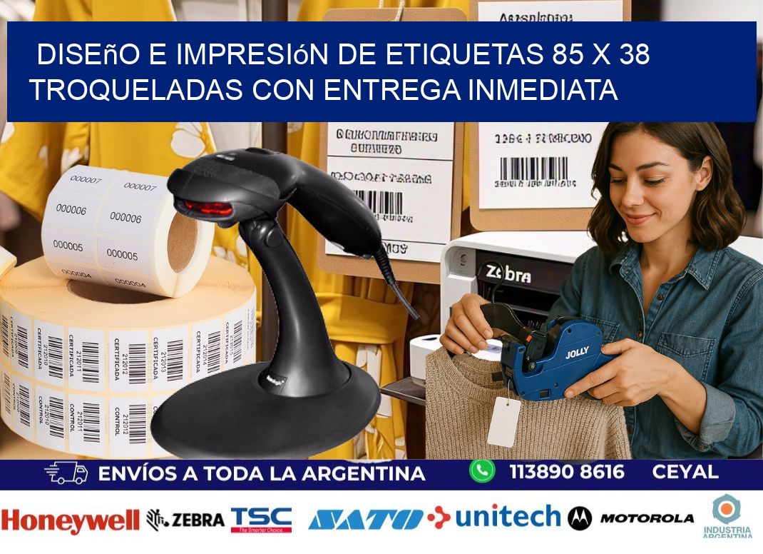 Diseño e impresión de etiquetas 85 x 38 troqueladas con entrega inmediata