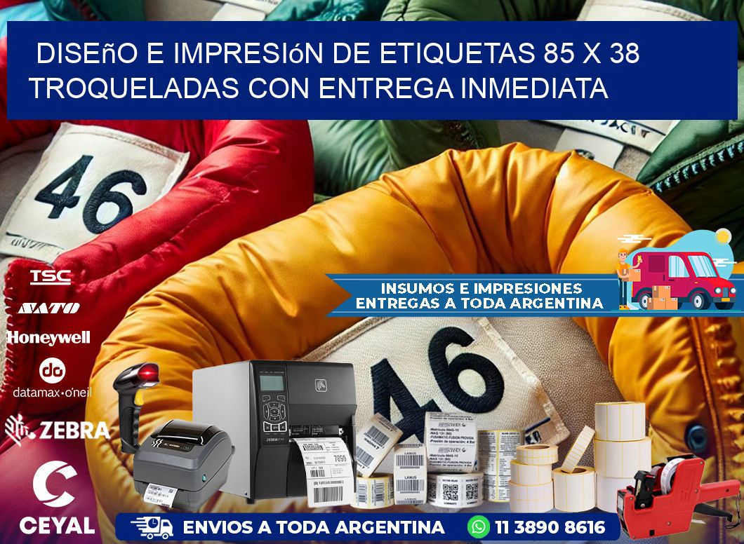 Diseño e impresión de etiquetas 85 x 38 troqueladas con entrega inmediata