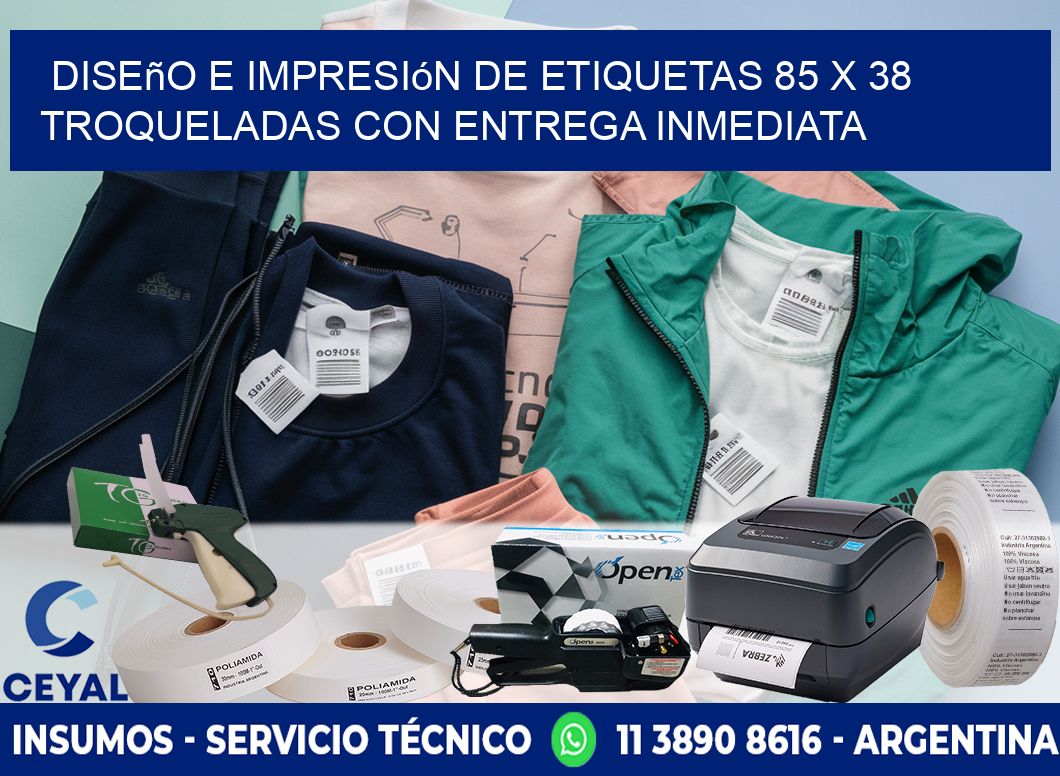 Diseño e impresión de etiquetas 85 x 38 troqueladas con entrega inmediata