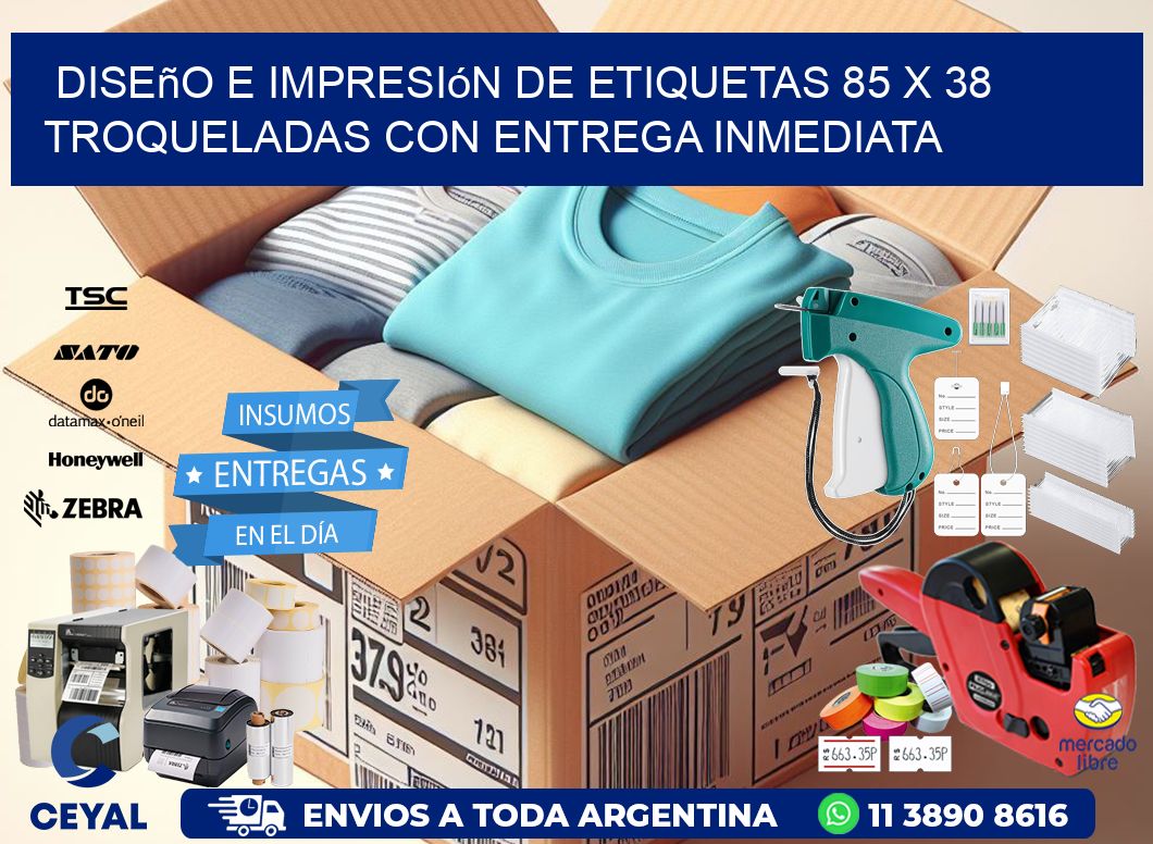 Diseño e impresión de etiquetas 85 x 38 troqueladas con entrega inmediata