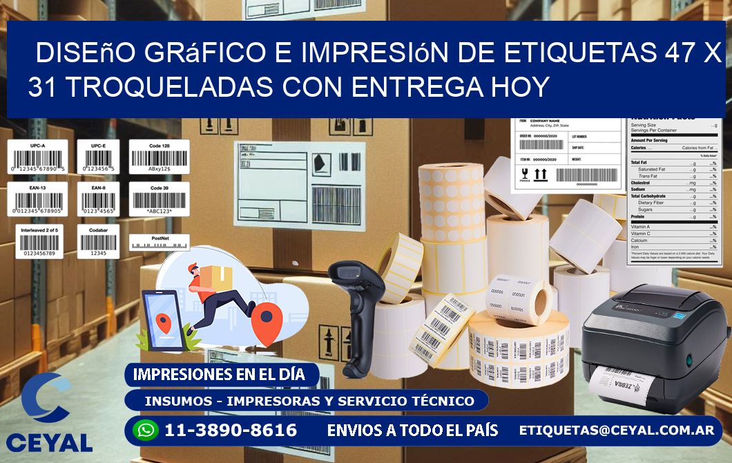 Diseño gráfico e impresión de etiquetas 47 x 31 troqueladas con entrega hoy