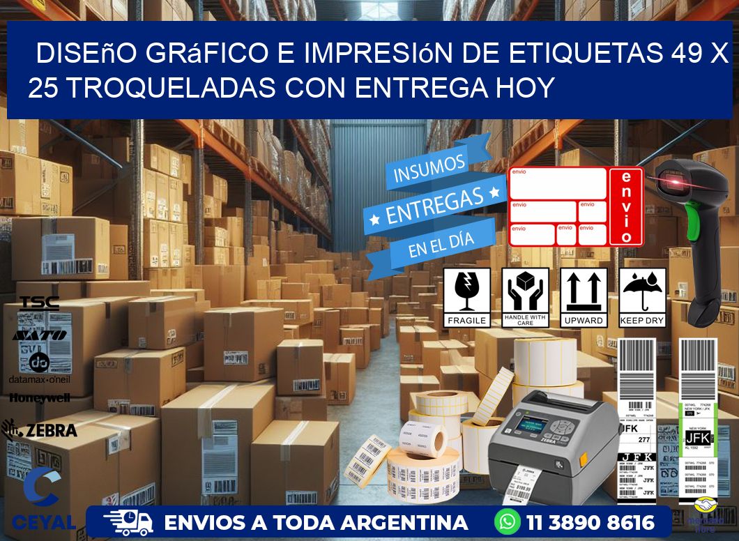 Diseño gráfico e impresión de etiquetas 49 x 25 troqueladas con entrega hoy