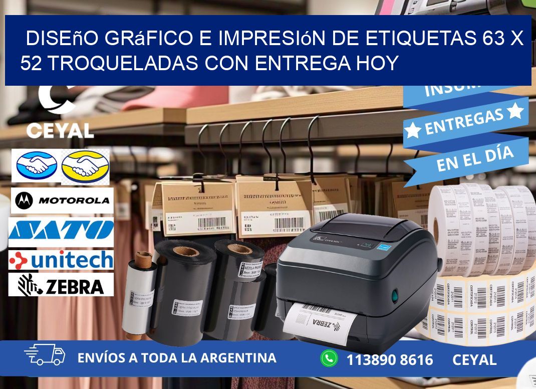 Diseño gráfico e impresión de etiquetas 63 x 52 troqueladas con entrega hoy