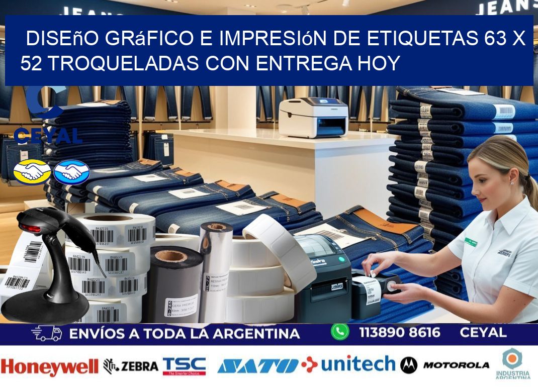 Diseño gráfico e impresión de etiquetas 63 x 52 troqueladas con entrega hoy