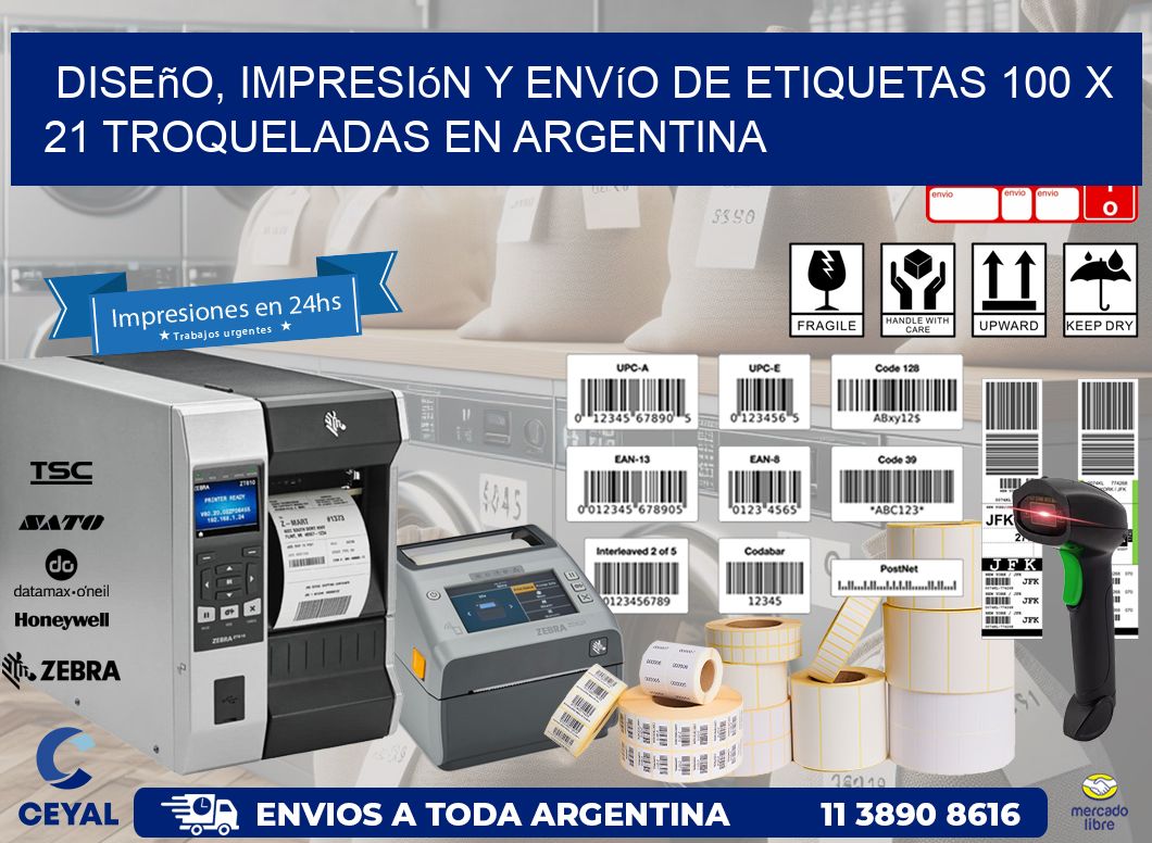 Diseño, impresión y envío de etiquetas 100 x 21 troqueladas en Argentina
