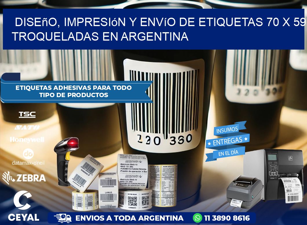 Diseño, impresión y envío de etiquetas 70 x 59 troqueladas en Argentina