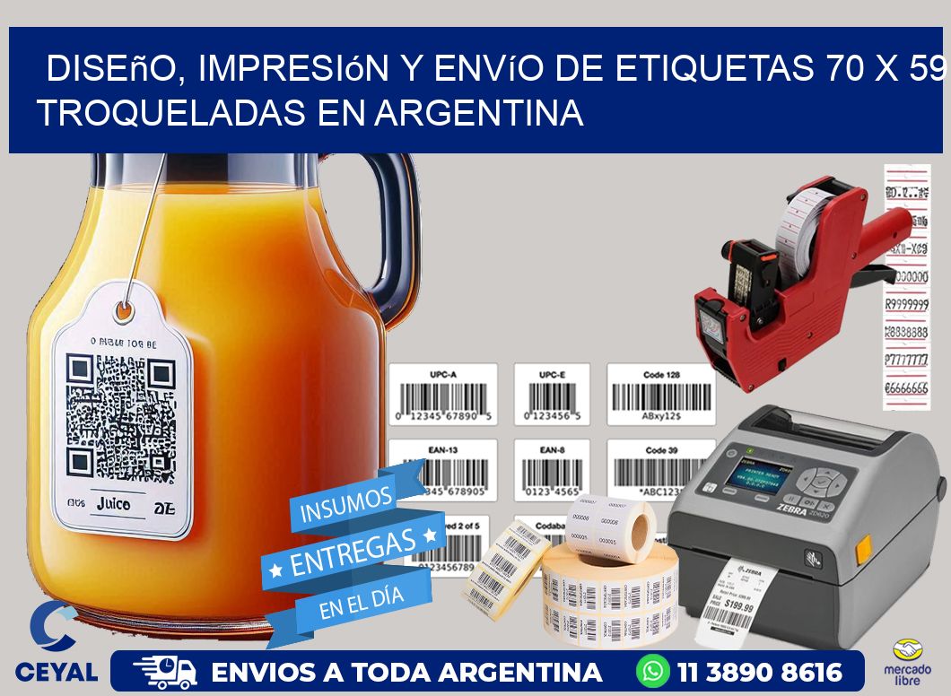 Diseño, impresión y envío de etiquetas 70 x 59 troqueladas en Argentina