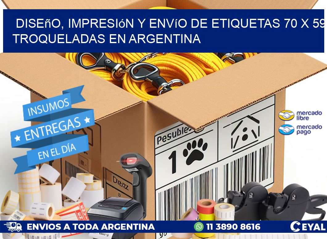Diseño, impresión y envío de etiquetas 70 x 59 troqueladas en Argentina