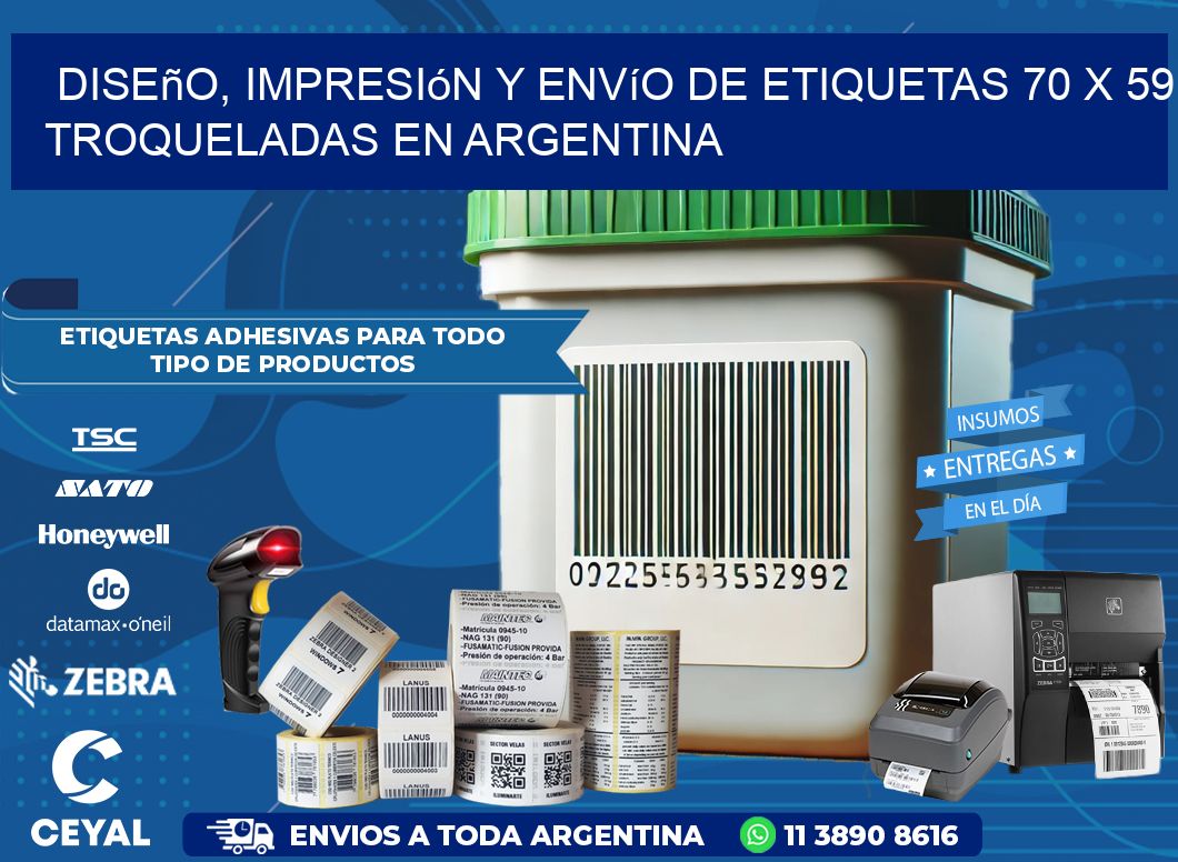 Diseño, impresión y envío de etiquetas 70 x 59 troqueladas en Argentina