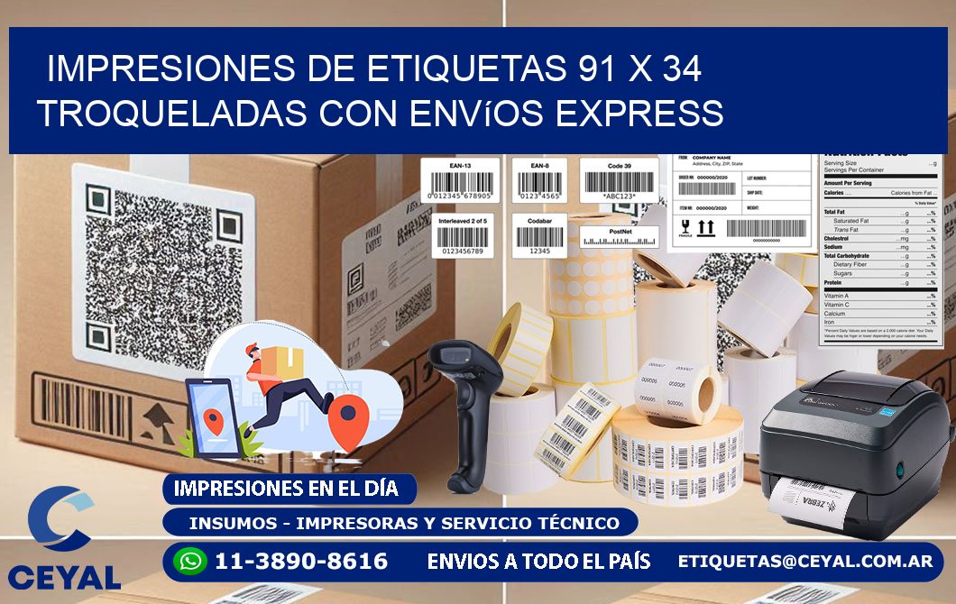 Impresiones de etiquetas 91 x 34 troqueladas con envíos express