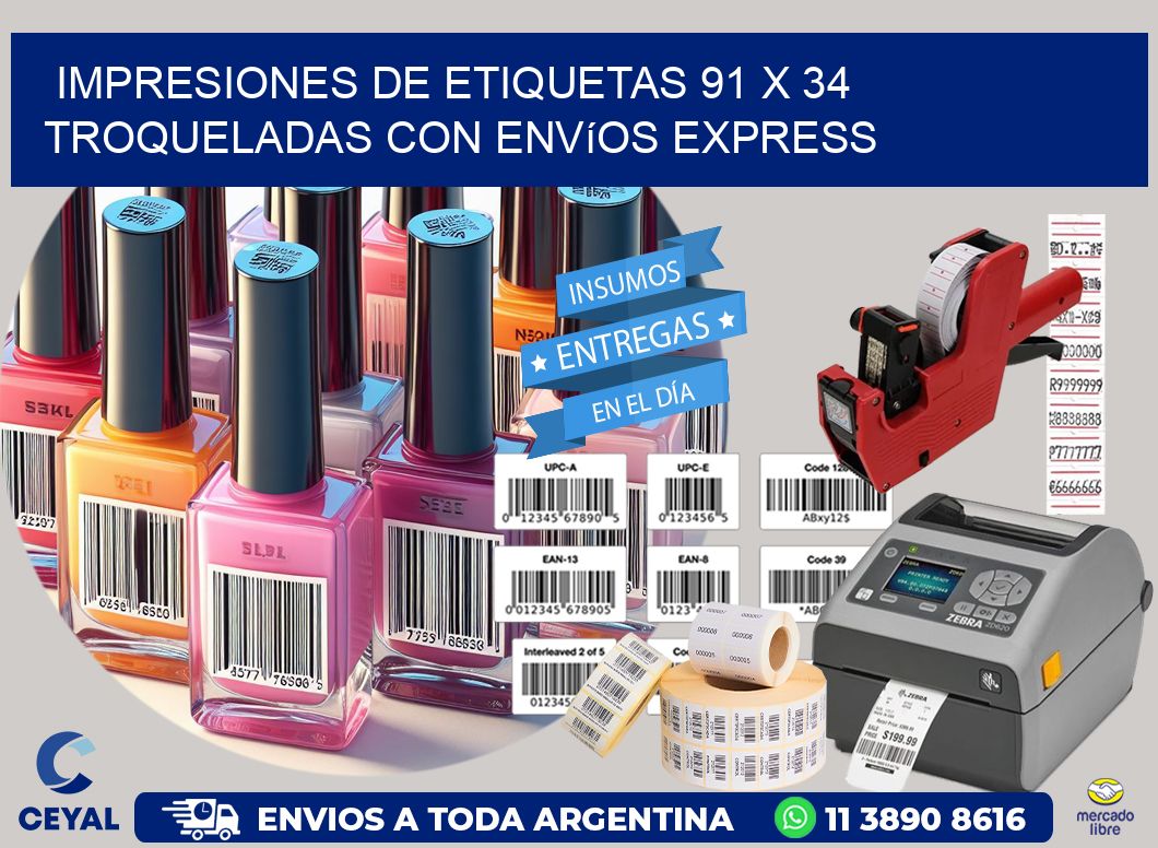 Impresiones de etiquetas 91 x 34 troqueladas con envíos express