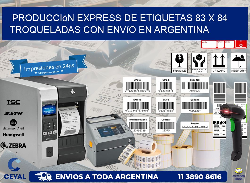 Producción express de etiquetas 83 x 84 troqueladas con envío en Argentina