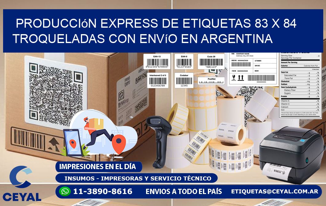 Producción express de etiquetas 83 x 84 troqueladas con envío en Argentina
