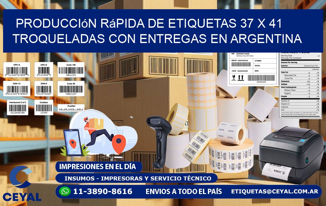 Producción rápida de etiquetas 37 x 41 troqueladas con entregas en Argentina