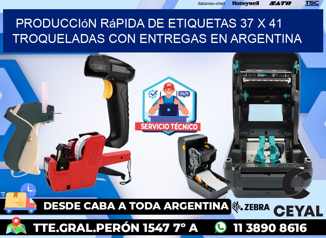Producción rápida de etiquetas 37 x 41 troqueladas con entregas en Argentina