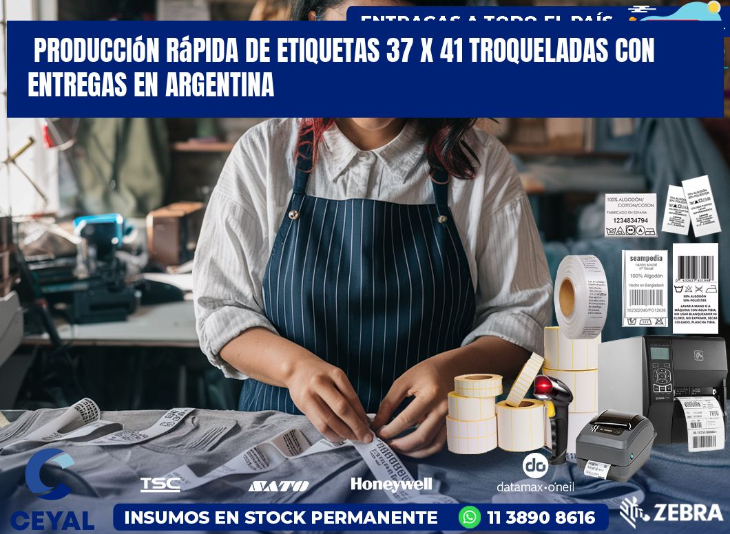 Producción rápida de etiquetas 37 x 41 troqueladas con entregas en Argentina