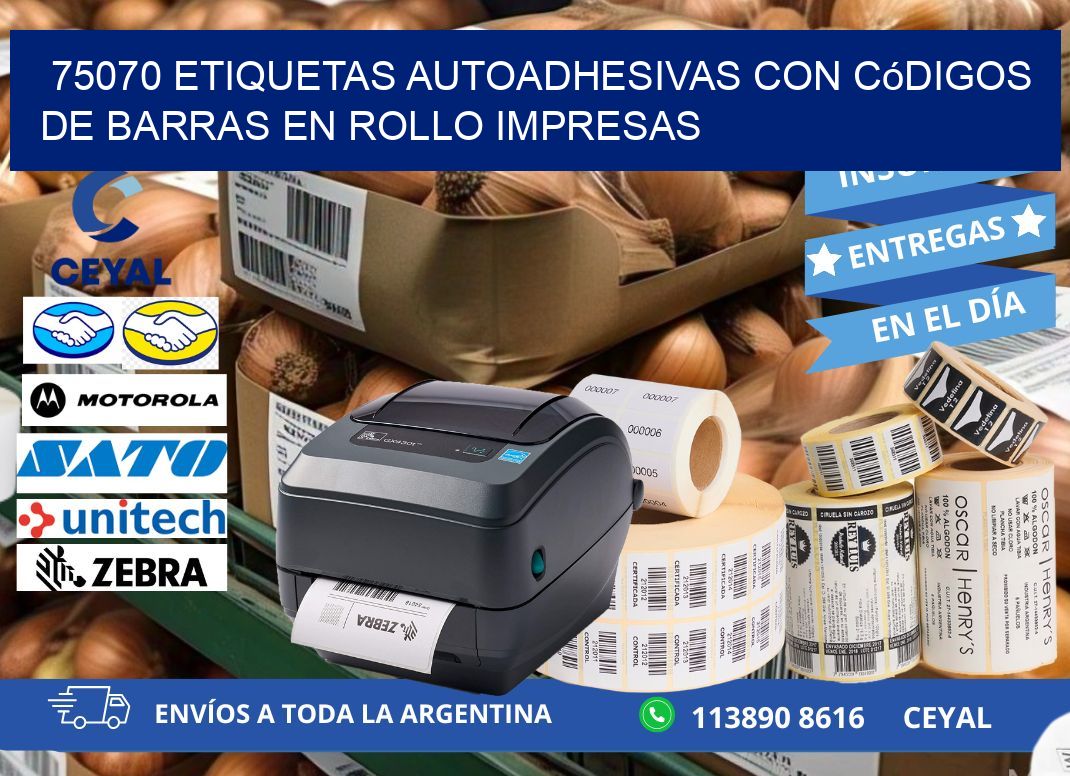 75070 Etiquetas autoadhesivas con códigos de barras en rollo impresas