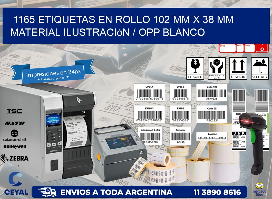 1165 Etiquetas en rollo 102 mm x 38 mm material Ilustración / OPP Blanco