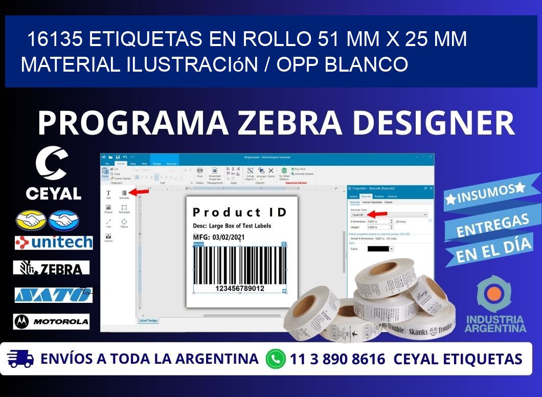16135 Etiquetas en rollo 51 mm x 25 mm material Ilustración / OPP Blanco