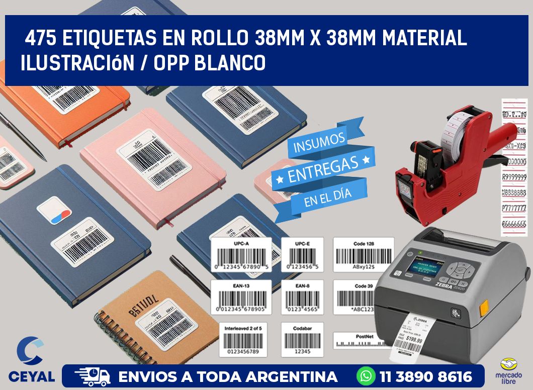 475 Etiquetas en rollo 38mm x 38mm material Ilustración / OPP Blanco