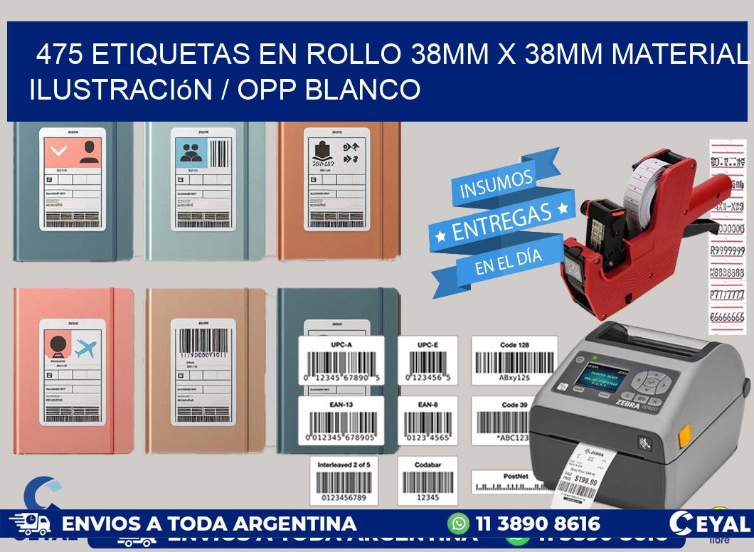 475 Etiquetas en rollo 38mm x 38mm material Ilustración / OPP Blanco