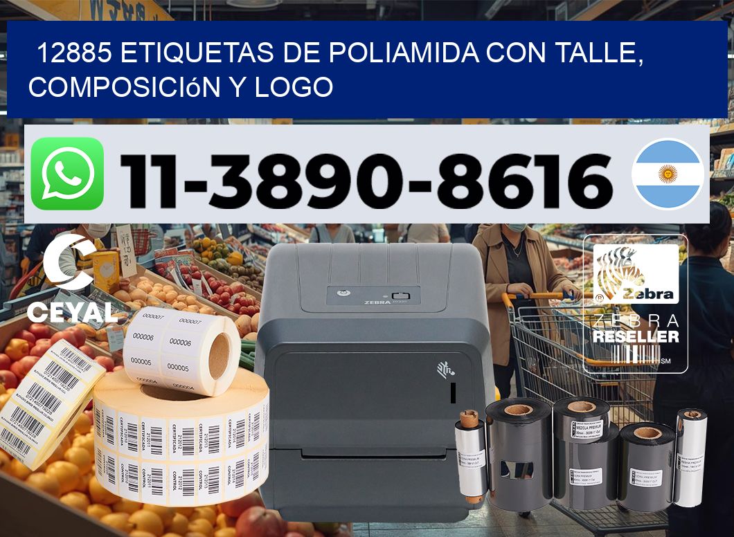 12885 Etiquetas de poliamida con talle, composición y logo