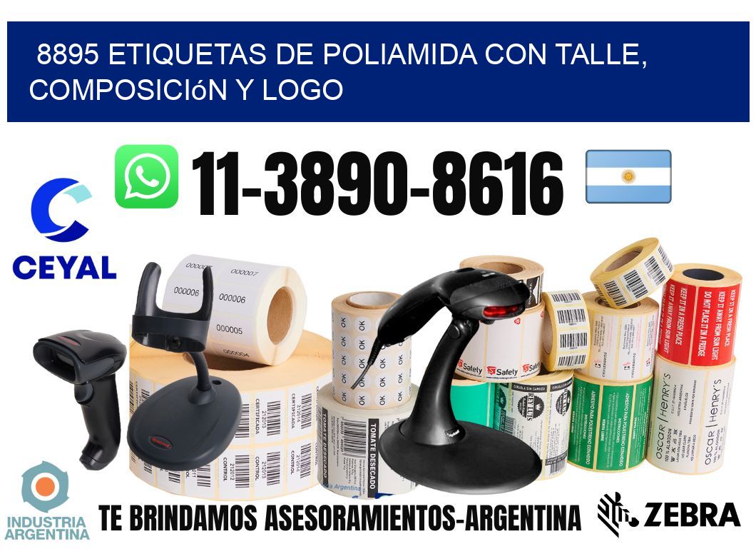 8895 Etiquetas de poliamida con talle, composición y logo
