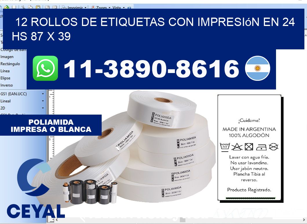 12 rollos de etiquetas con impresión en 24 hs 87 x 39