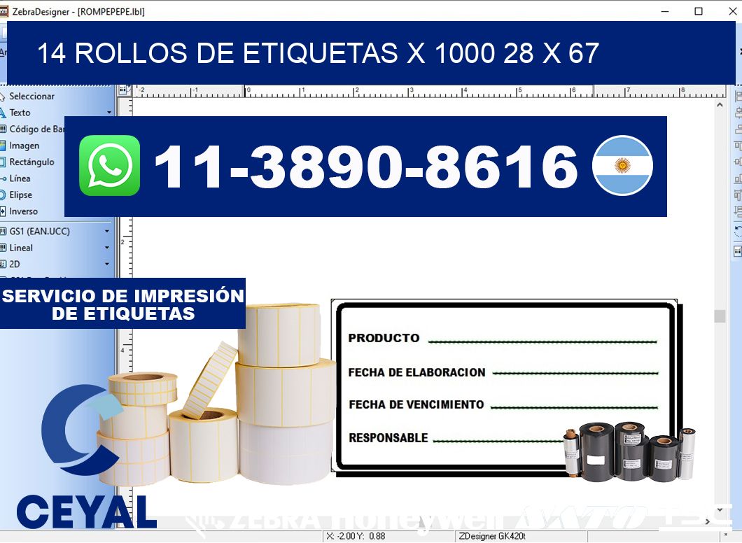 14 rollos de etiquetas x 1000 28 x 67