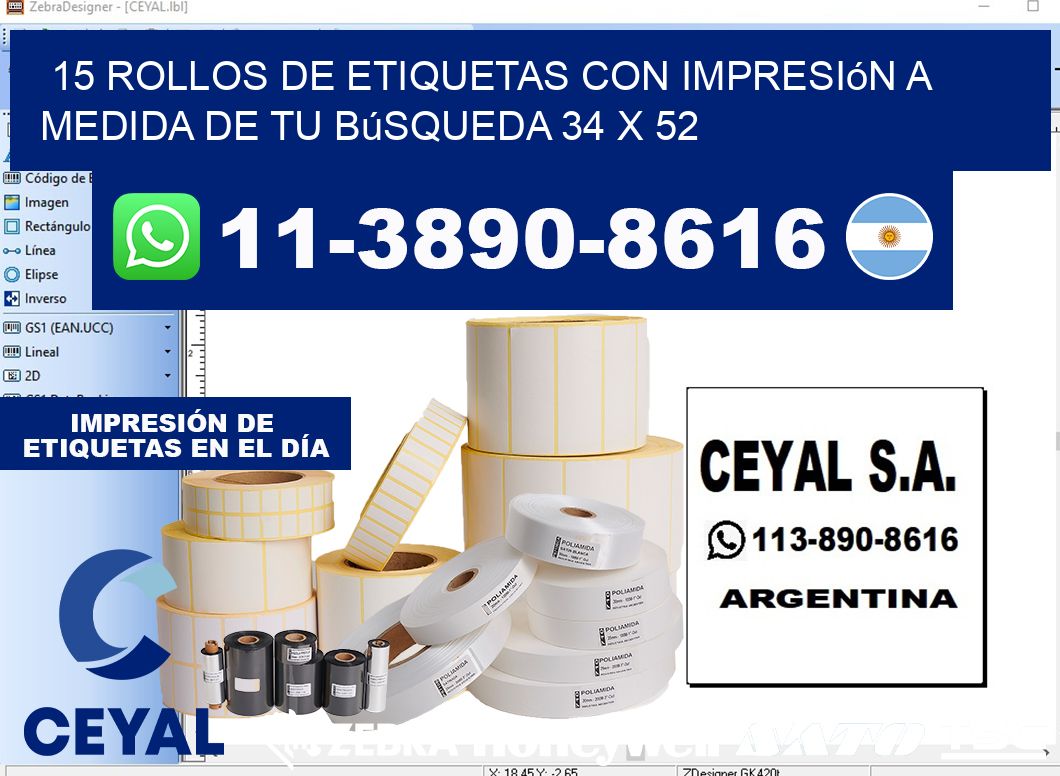 15 rollos de etiquetas con impresión a medida de tu búsqueda 34 x 52