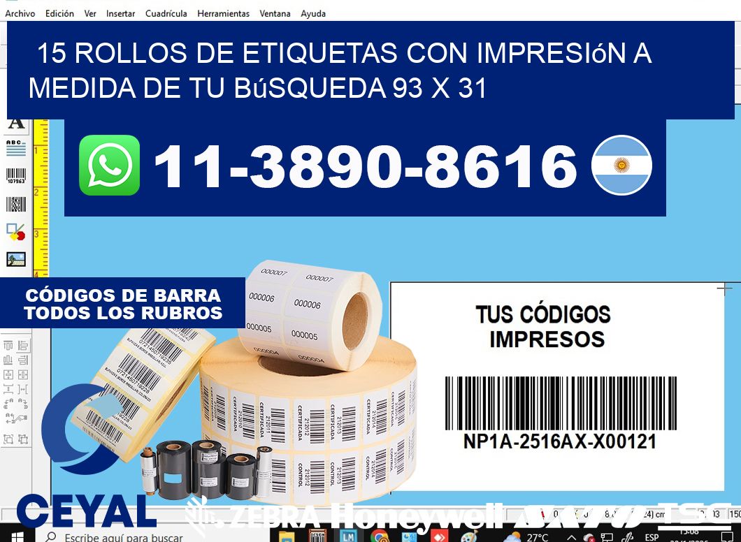 15 rollos de etiquetas con impresión a medida de tu búsqueda 93 x 31