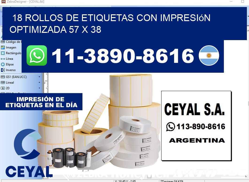 18 rollos de etiquetas con impresión optimizada 57 x 38