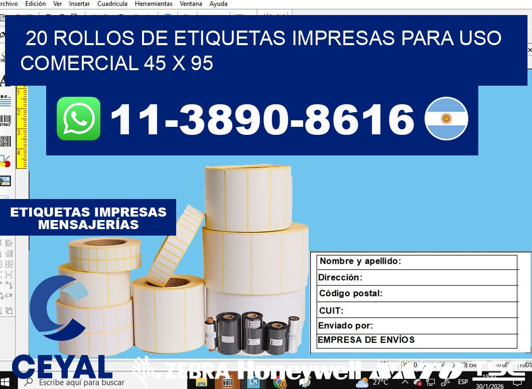 20 rollos de etiquetas impresas para uso comercial 45 x 95