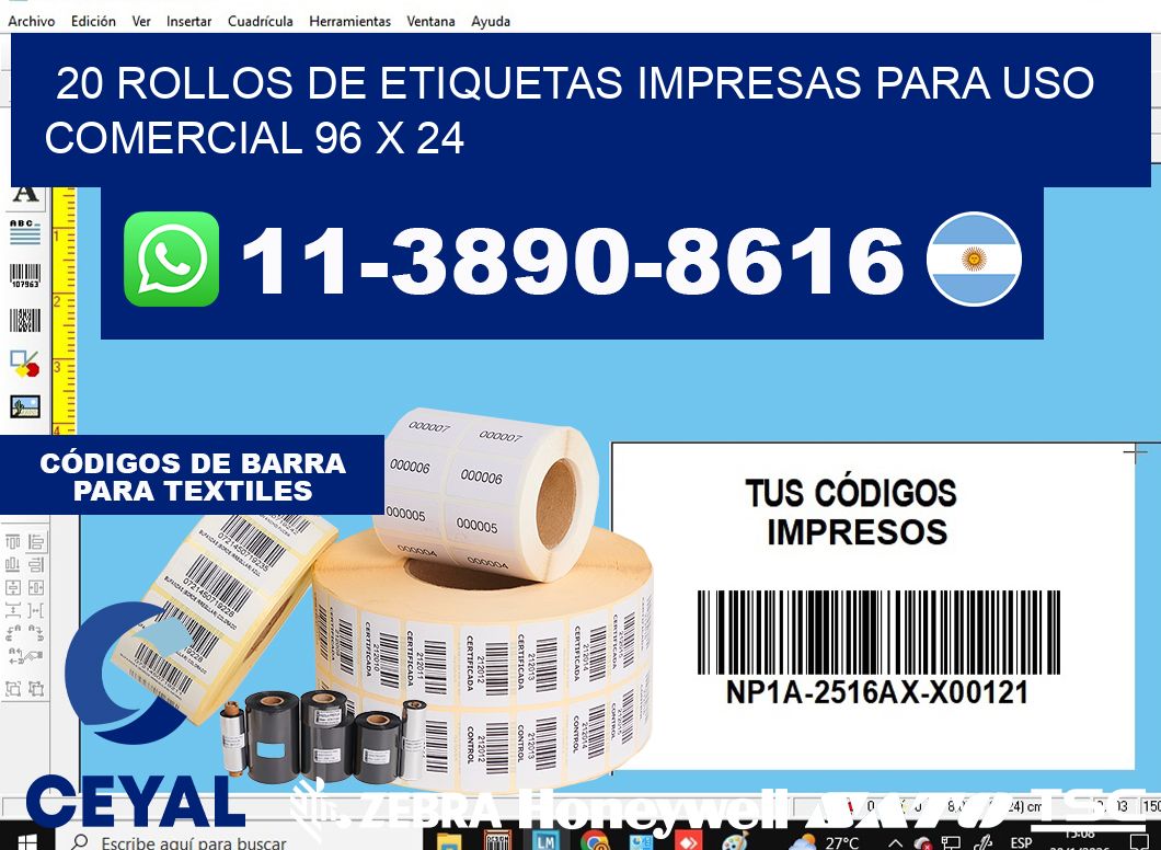 20 rollos de etiquetas impresas para uso comercial 96 x 24