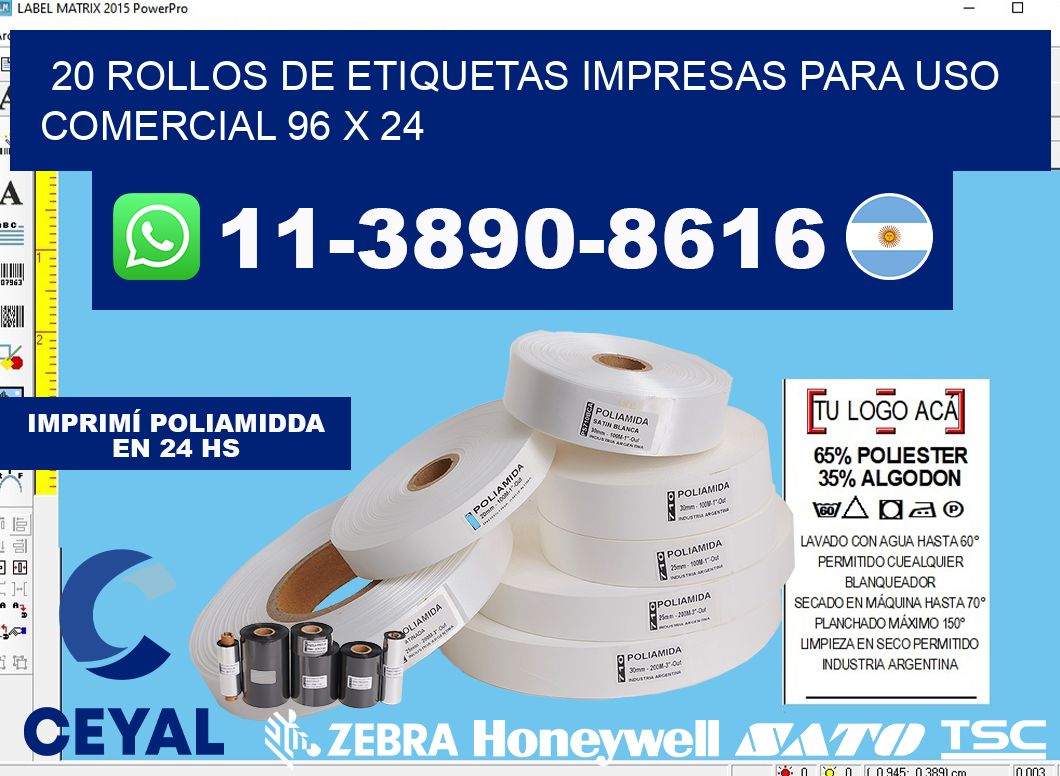 20 rollos de etiquetas impresas para uso comercial 96 x 24