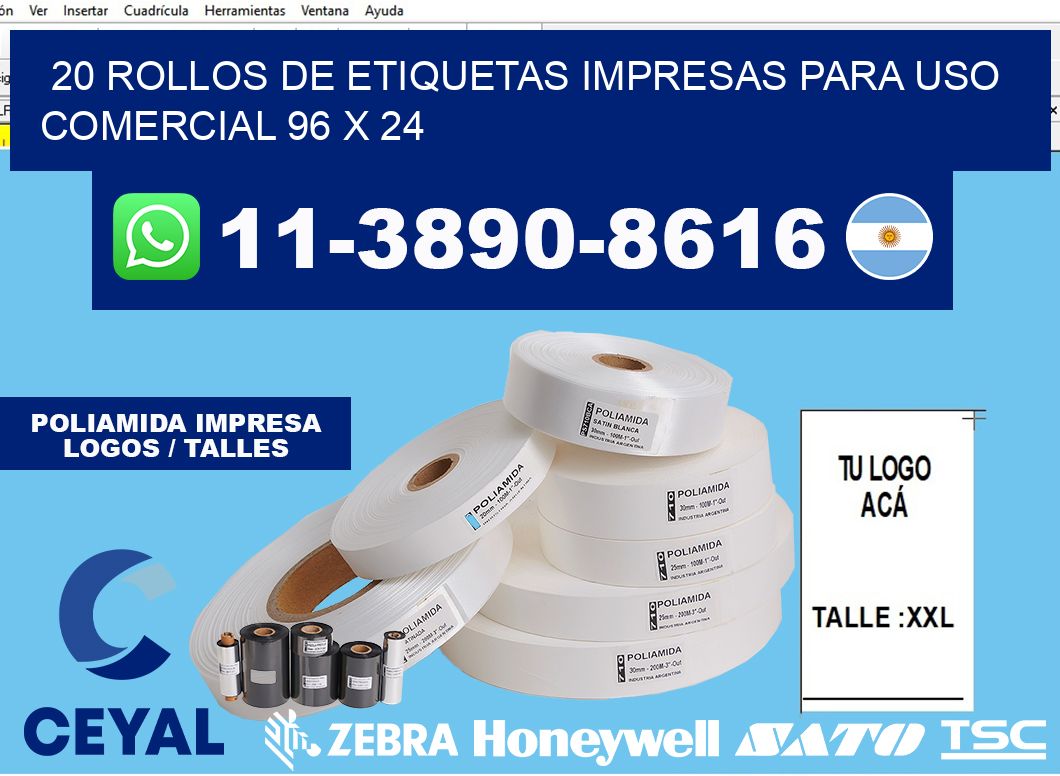 20 rollos de etiquetas impresas para uso comercial 96 x 24