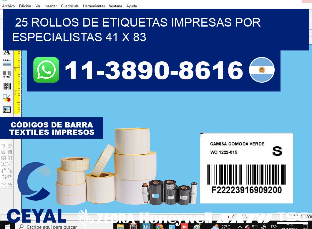 25 rollos de etiquetas impresas por especialistas 41 x 83