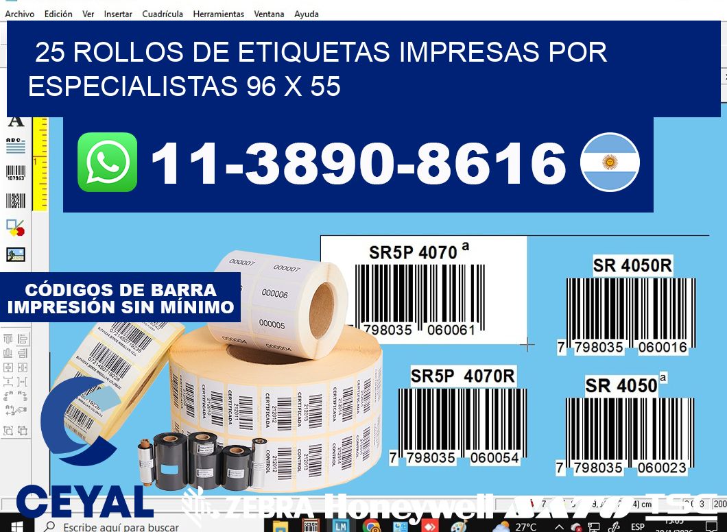25 rollos de etiquetas impresas por especialistas 96 x 55