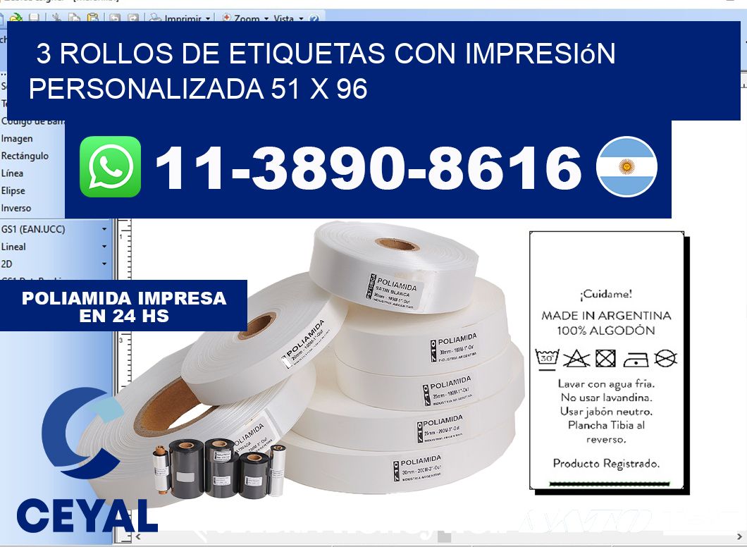3 rollos de etiquetas con impresión personalizada 51 x 96