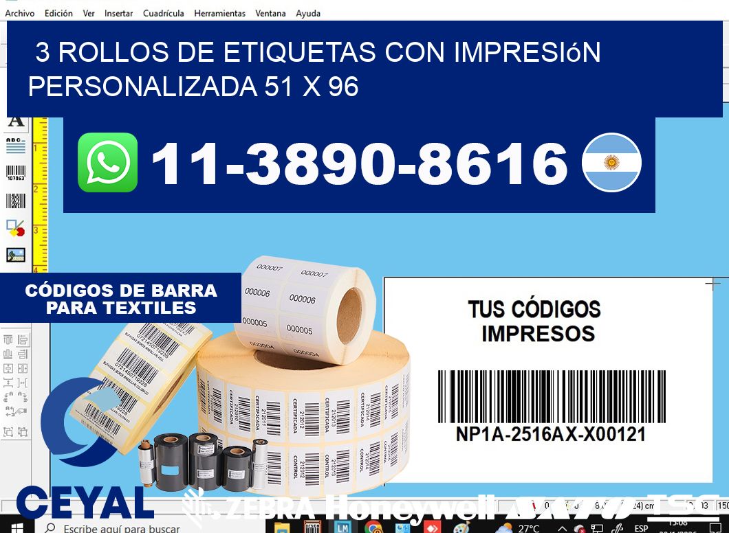 3 rollos de etiquetas con impresión personalizada 51 x 96