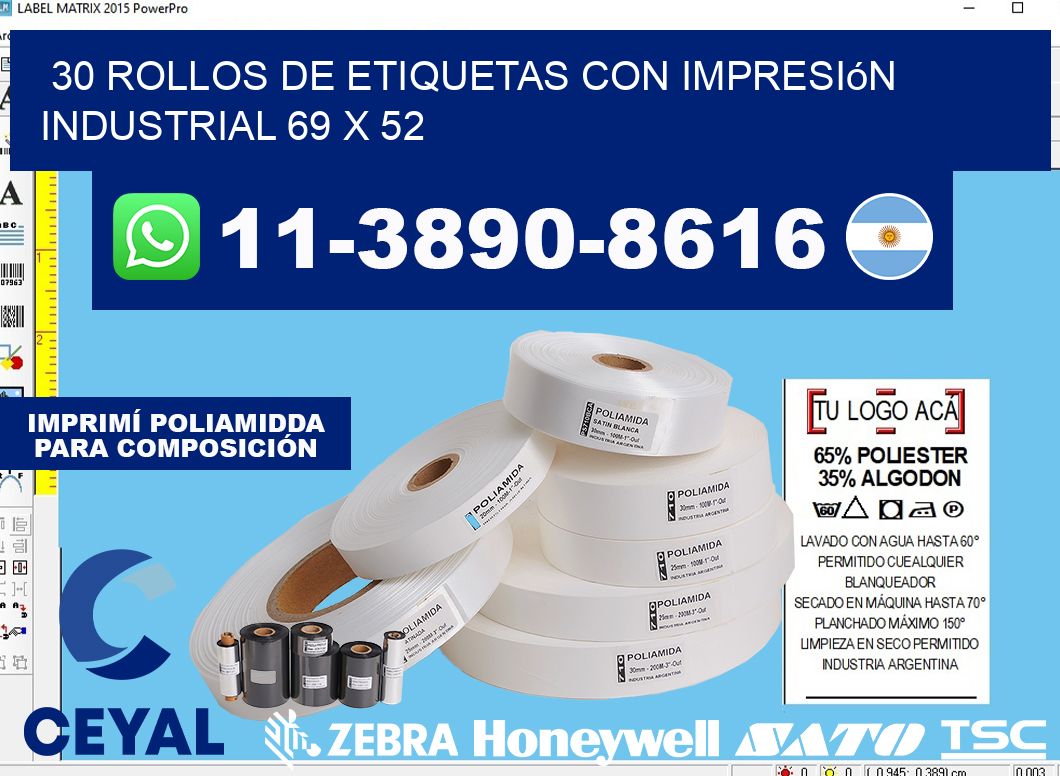 30 rollos de etiquetas con impresión industrial 69 x 52