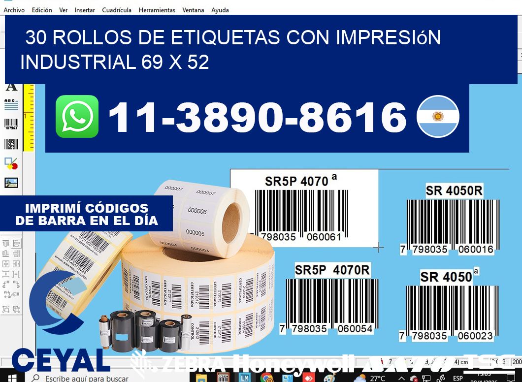 30 rollos de etiquetas con impresión industrial 69 x 52