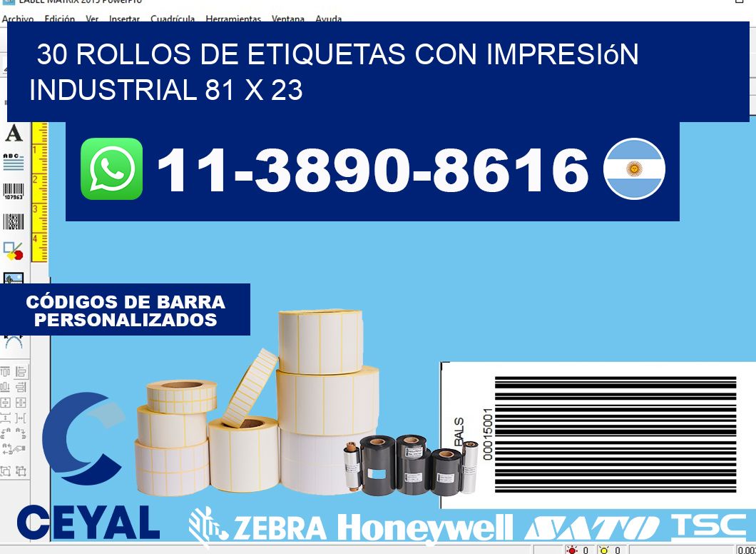30 rollos de etiquetas con impresión industrial 81 x 23