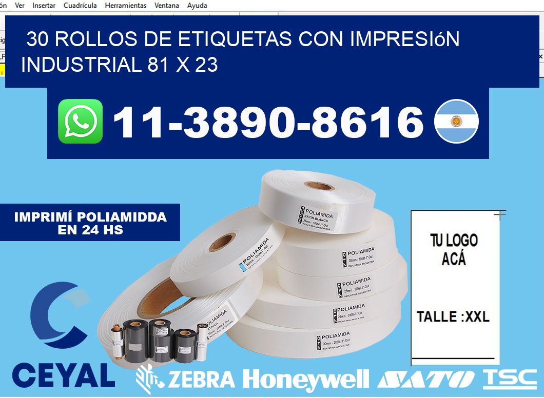 30 rollos de etiquetas con impresión industrial 81 x 23