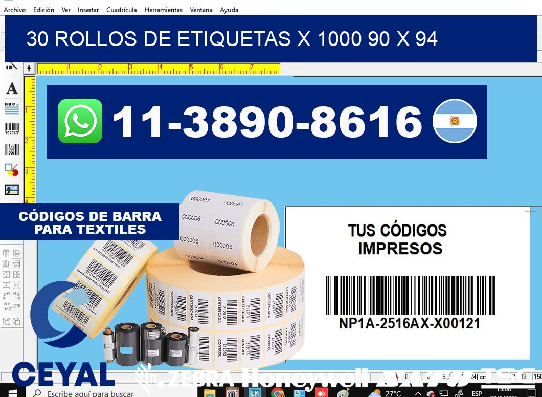 30 rollos de etiquetas x 1000 90 x 94