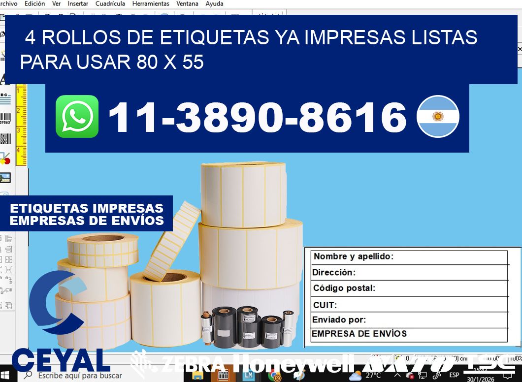 4 rollos de etiquetas ya impresas listas para usar 80 x 55