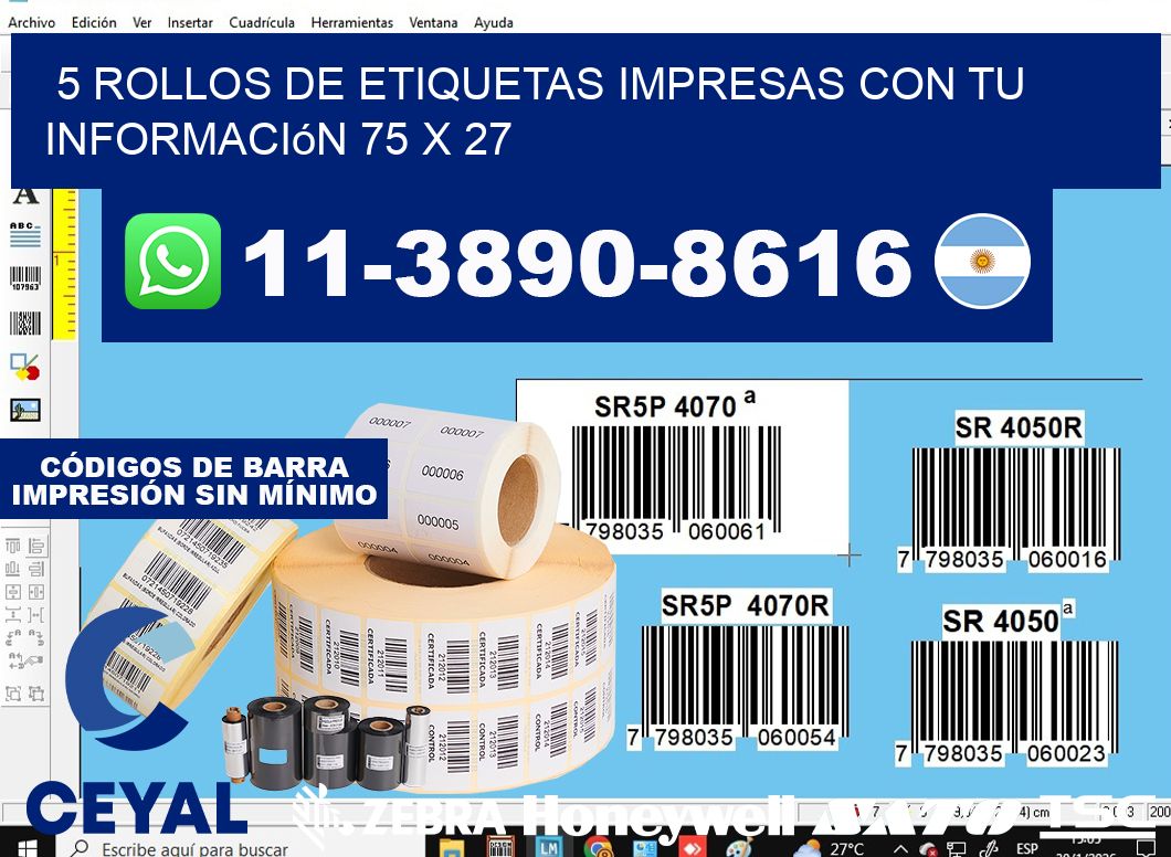 5 rollos de etiquetas impresas con tu información 75 x 27