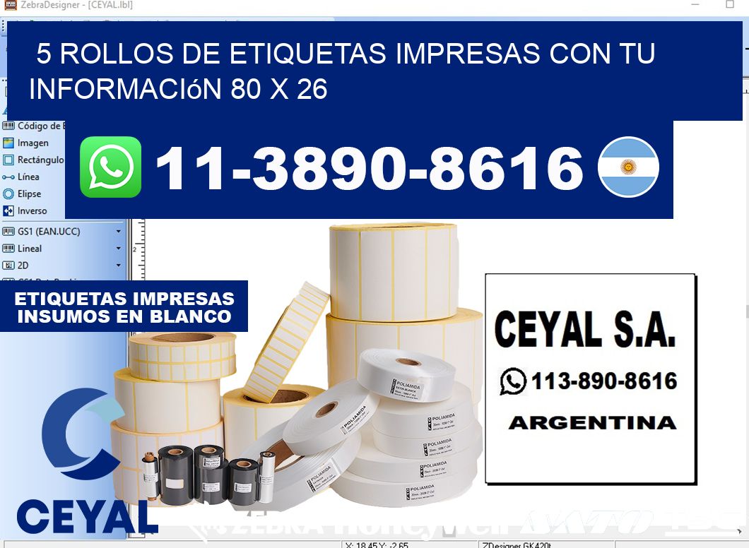 5 rollos de etiquetas impresas con tu información 80 x 26